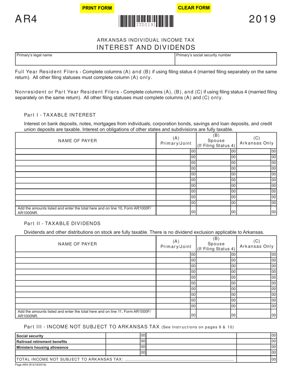 Form AR4 Interest and Dividends - Arkansas, Page 1