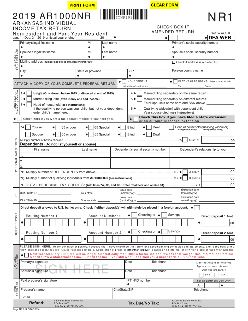 Form AR1000NR Arkansas Individual Income Tax Return - Nonresident and Part Year Resident - Arkansas, Page 1