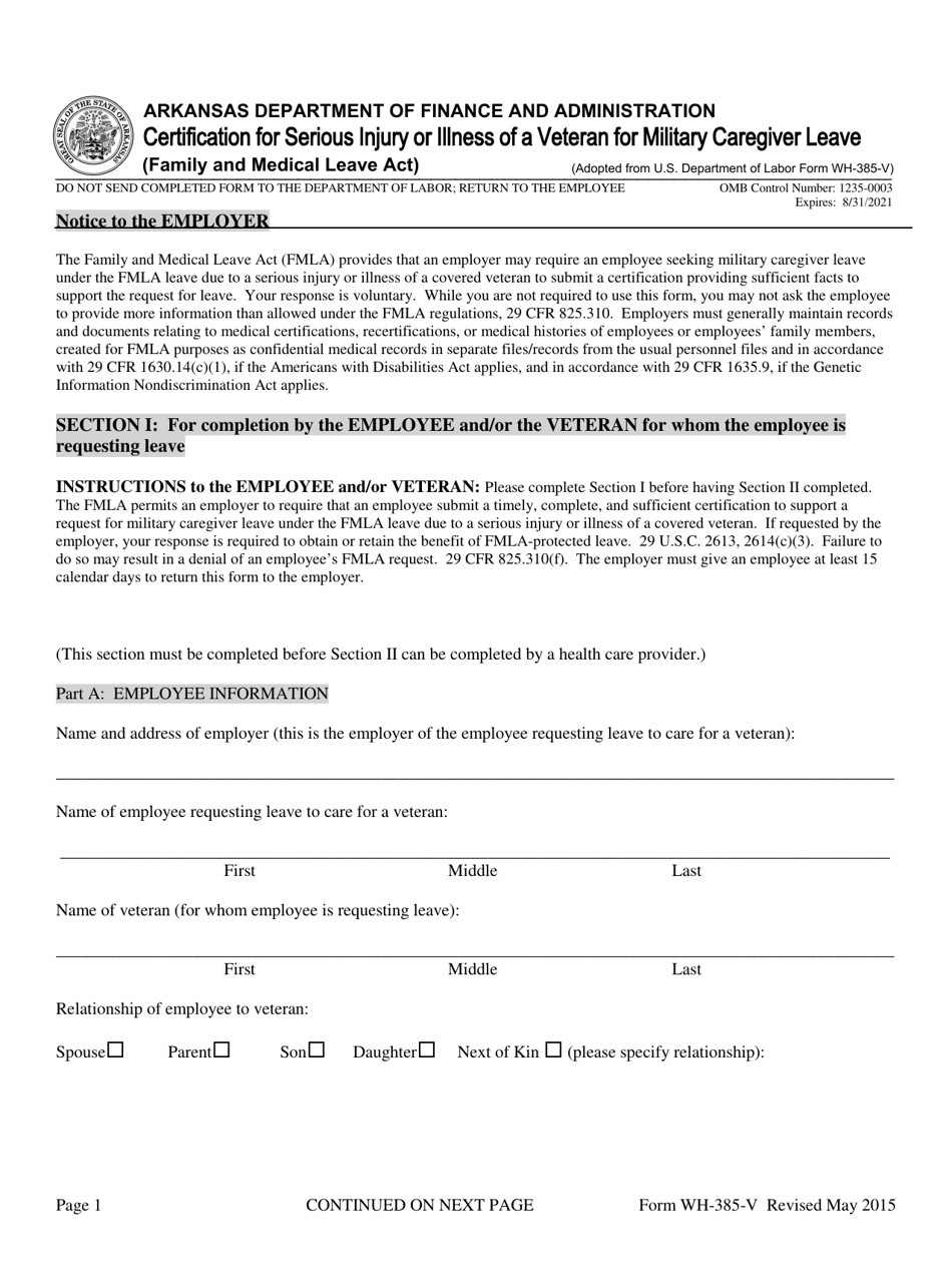 Form WH-385-V Certification for Serious Injury or Illness of a Veteran for Military Caregiver Leave - Arkansas, Page 1