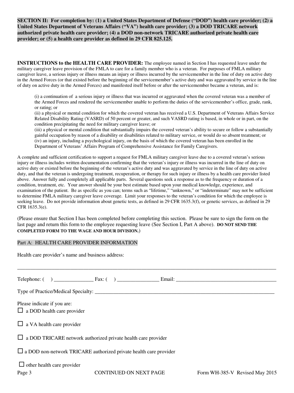 Form WH-385-V Certification for Serious Injury or Illness of a Veteran for Military Caregiver Leave - Arkansas, Page 3