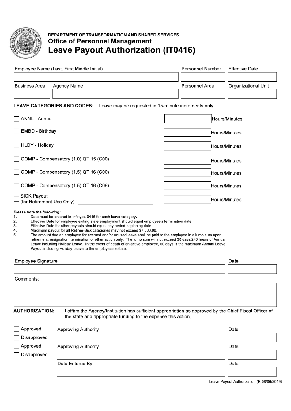 Form IT0416 Leave Payout Authorization - Arkansas, Page 1