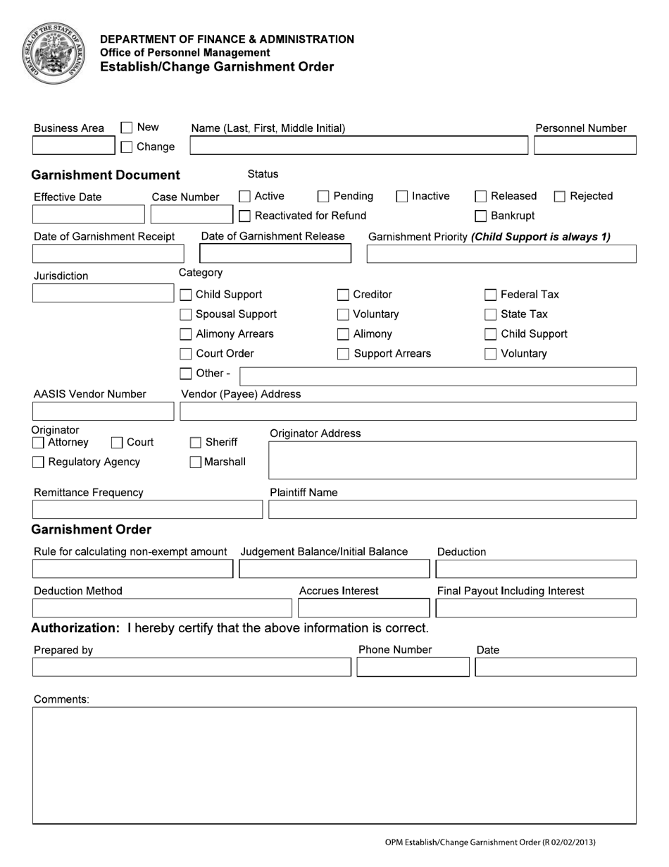 Arkansas Establish/Change Garnishment Order Fill Out, Sign Online and Download PDF