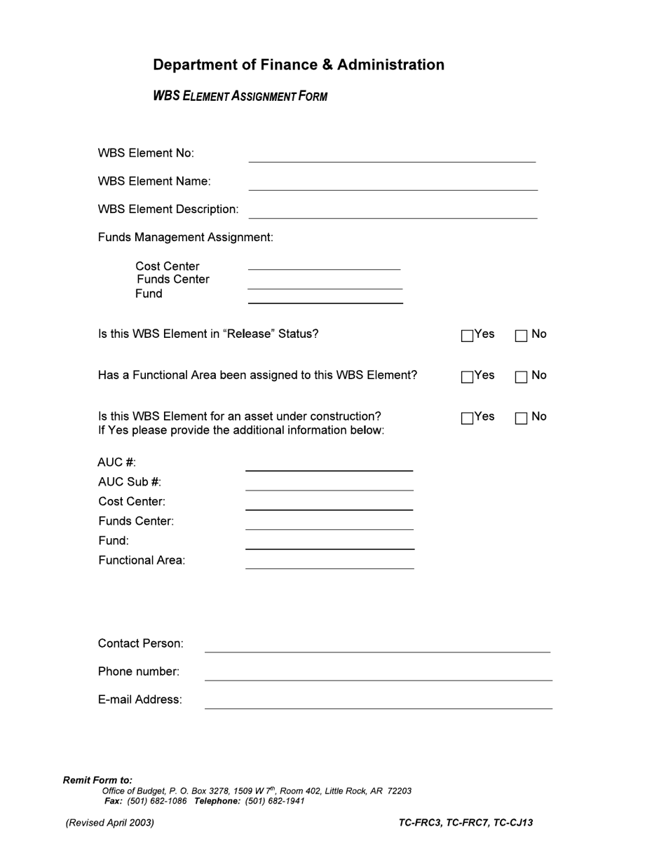 Wbs Element Assignment Form - Arkansas, Page 1