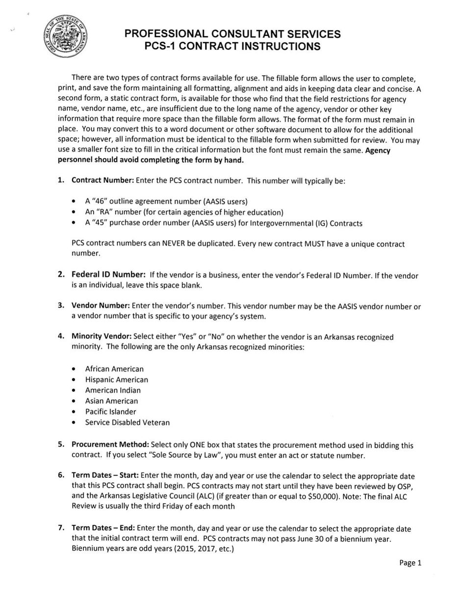 Instructions for Form PCS-1 Contract - Arkansas, Page 1
