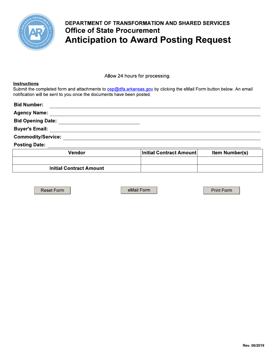 Anticipation to Award Posting Request - Arkansas, Page 1