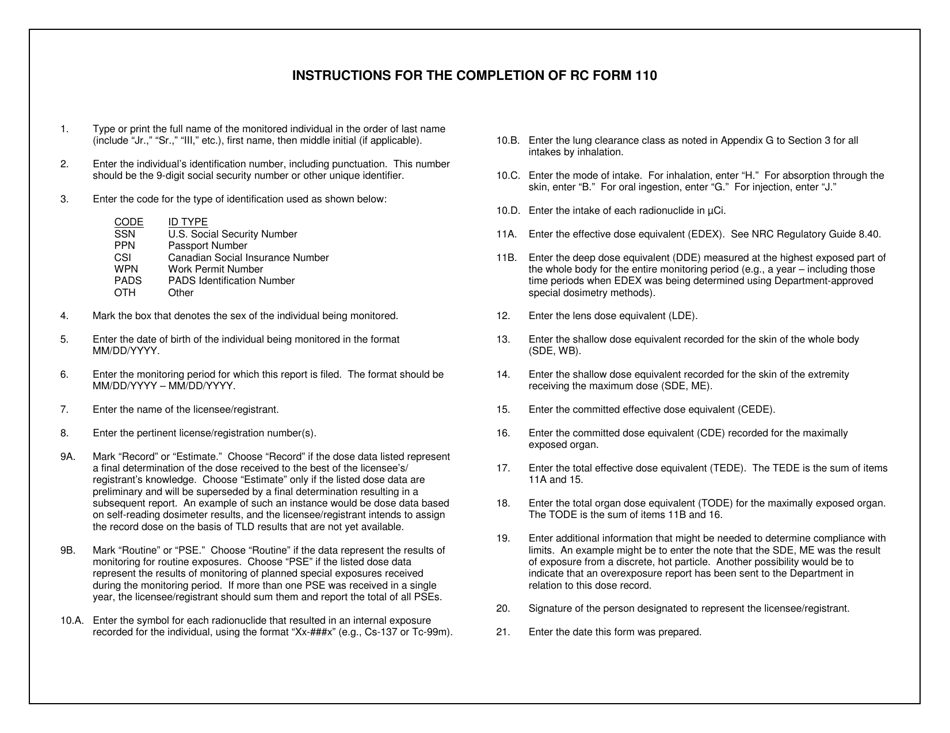 RC Form 110 Occupational Dose Record for a Monitoring Period - Arkansas, Page 2