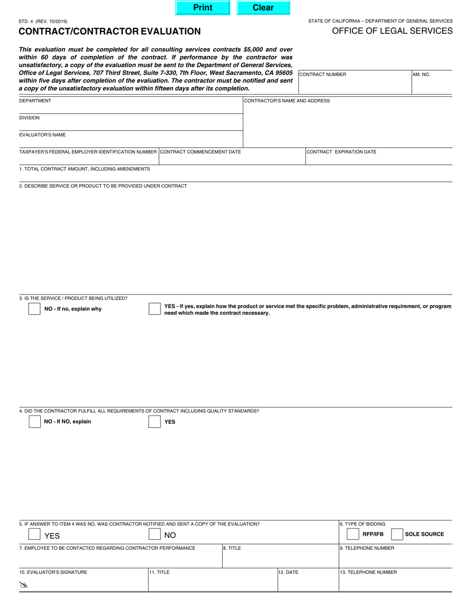 Form STD.4 Contract / Contractor Evaluation - California, Page 1