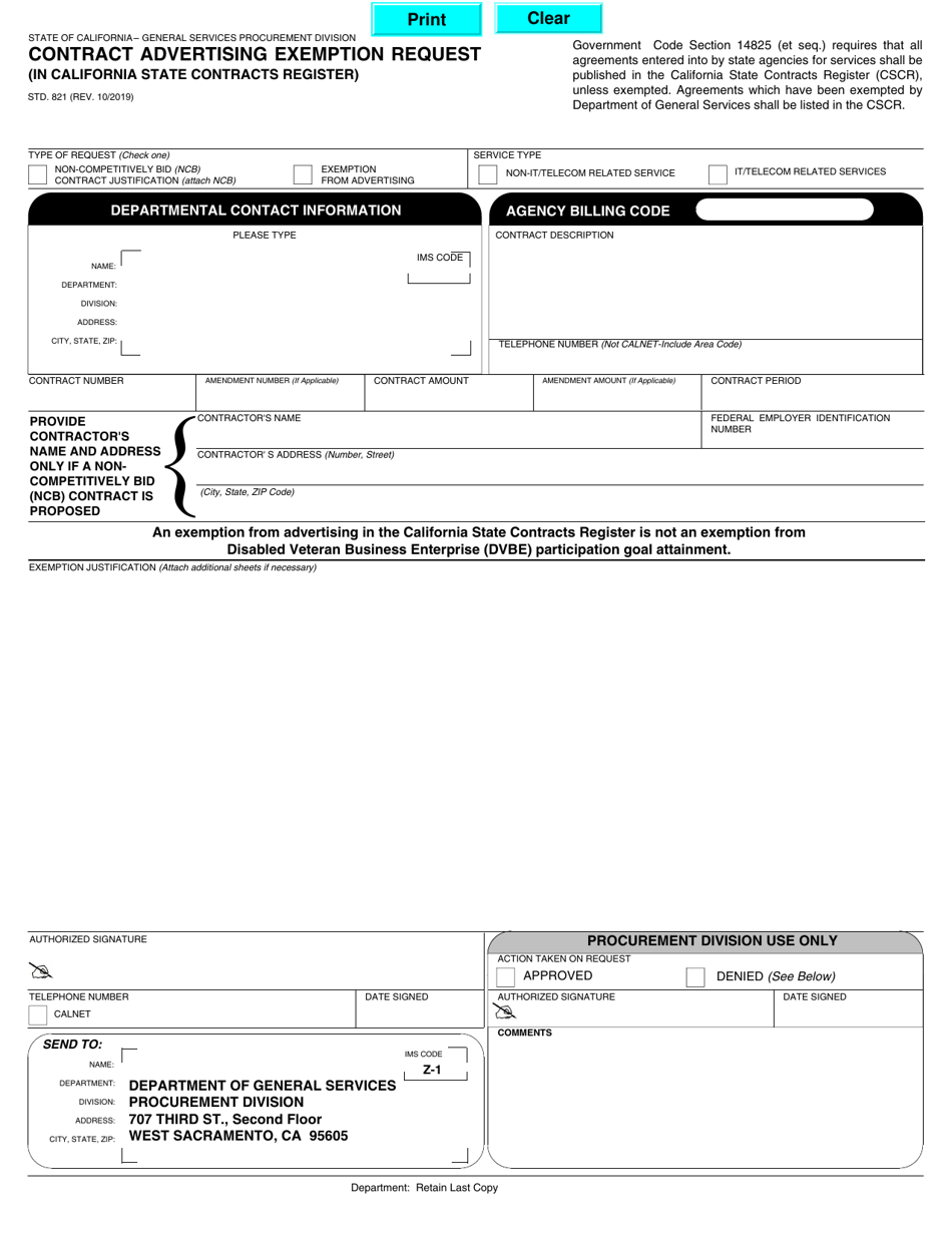Form STD.821 Contract Advertising Exemption Request (In California State Contracts Register) - California, Page 1