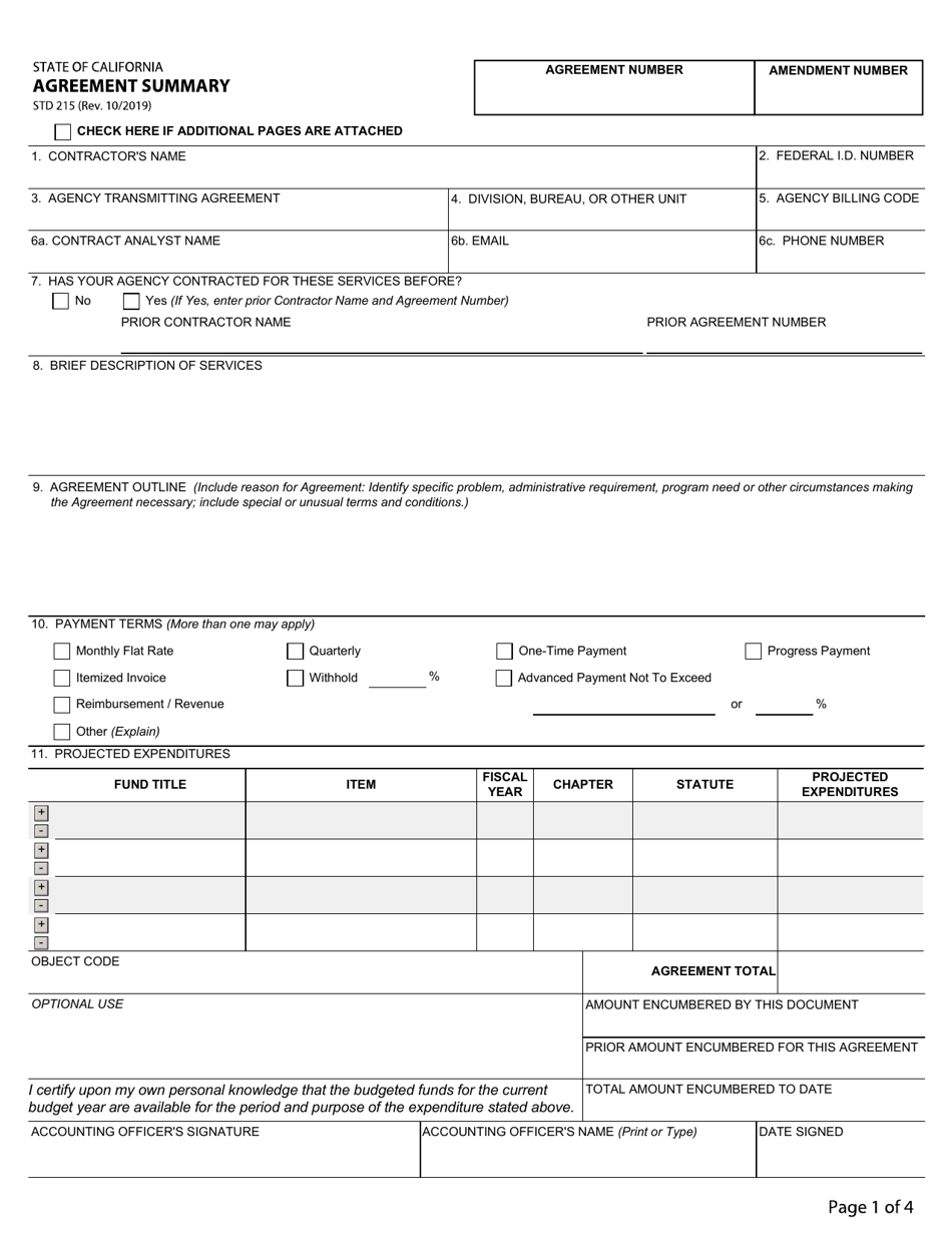 Form STD215 Agreement Summary - California, Page 1