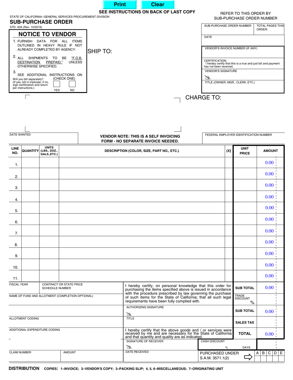 Form STD.40A Sub-purchase Order - California, Page 1