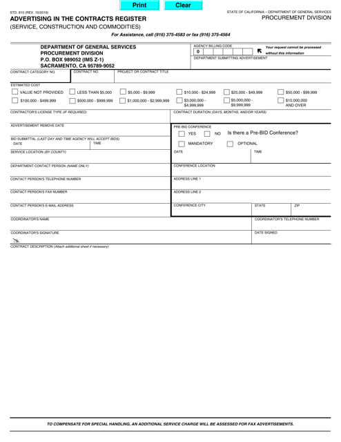 Form STD.815 Advertising in the Contracts Register (Service, Construction and Commodities) - California