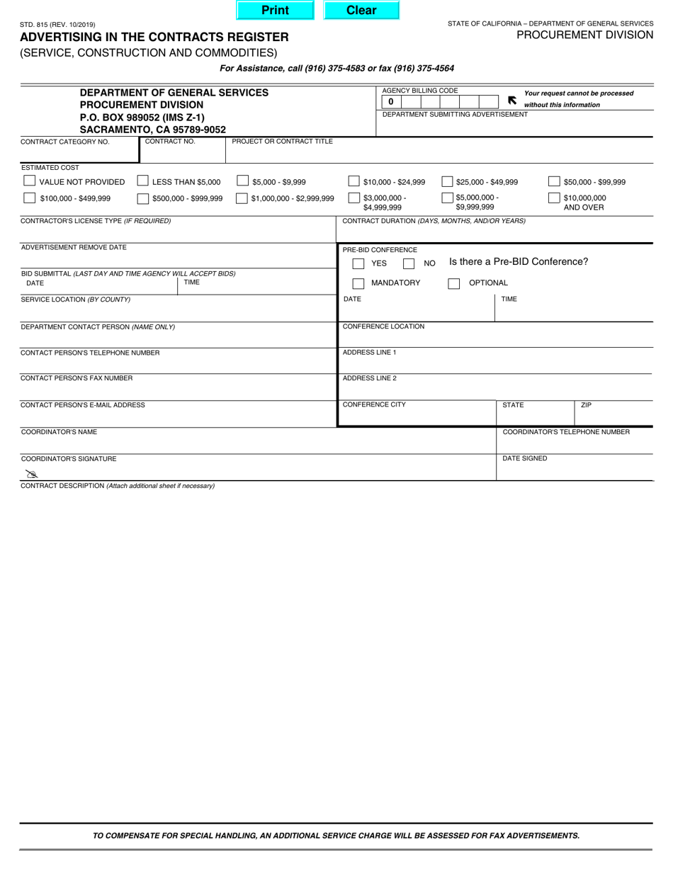 Form STD.815 Download Fillable PDF or Fill Online Advertising in 