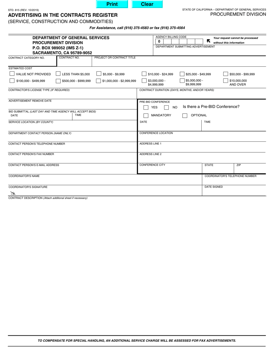 Form STD.815 Advertising in the Contracts Register (Service, Construction and Commodities) - California, Page 1