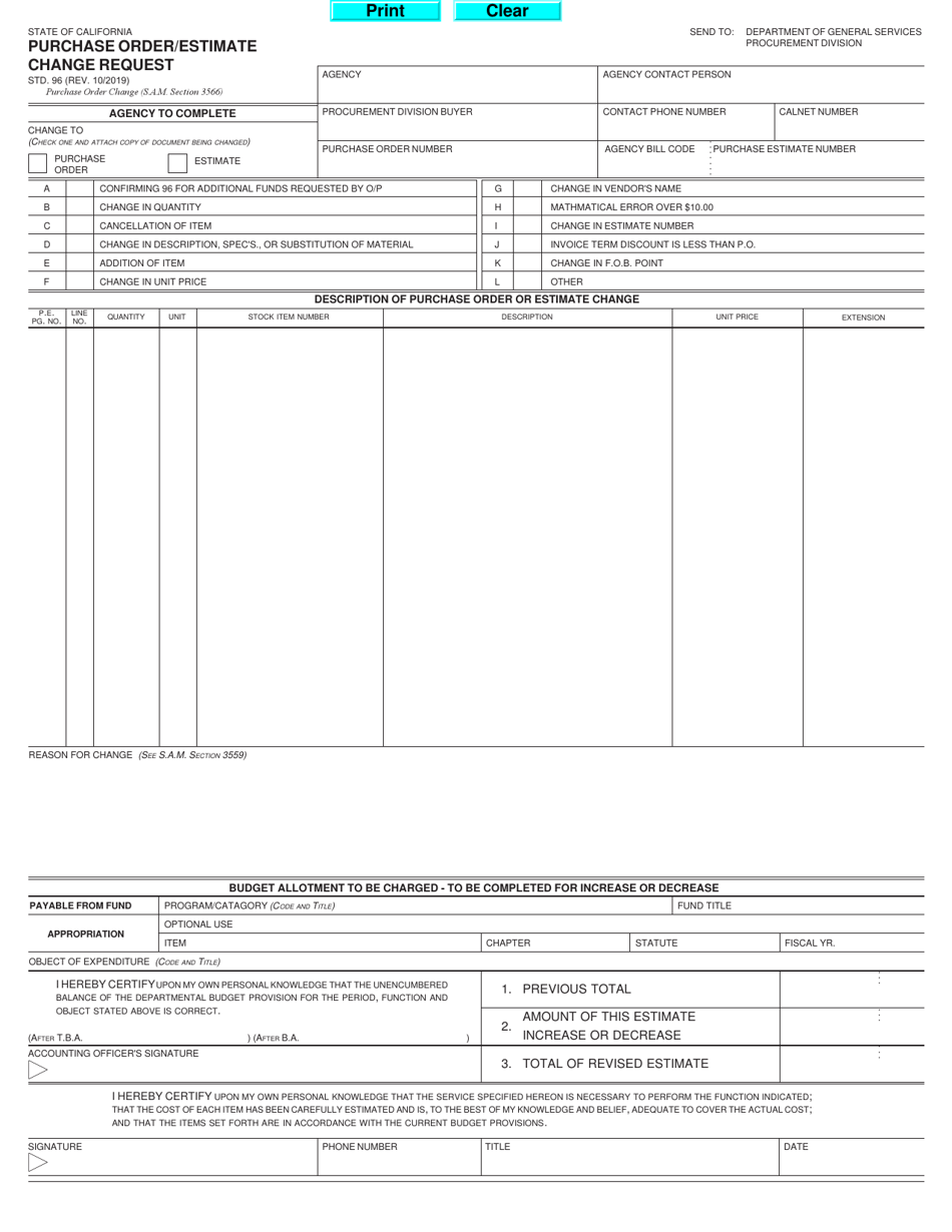 Form STD.96 Purchase Order / Estimate Change Request - California, Page 1