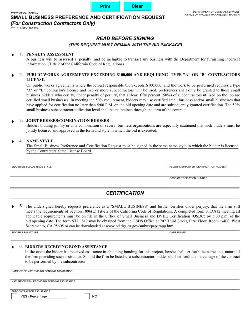 Form STD.811 Small Business Preference and Certification Request (For Construction Contractors Only) - California, Page 1