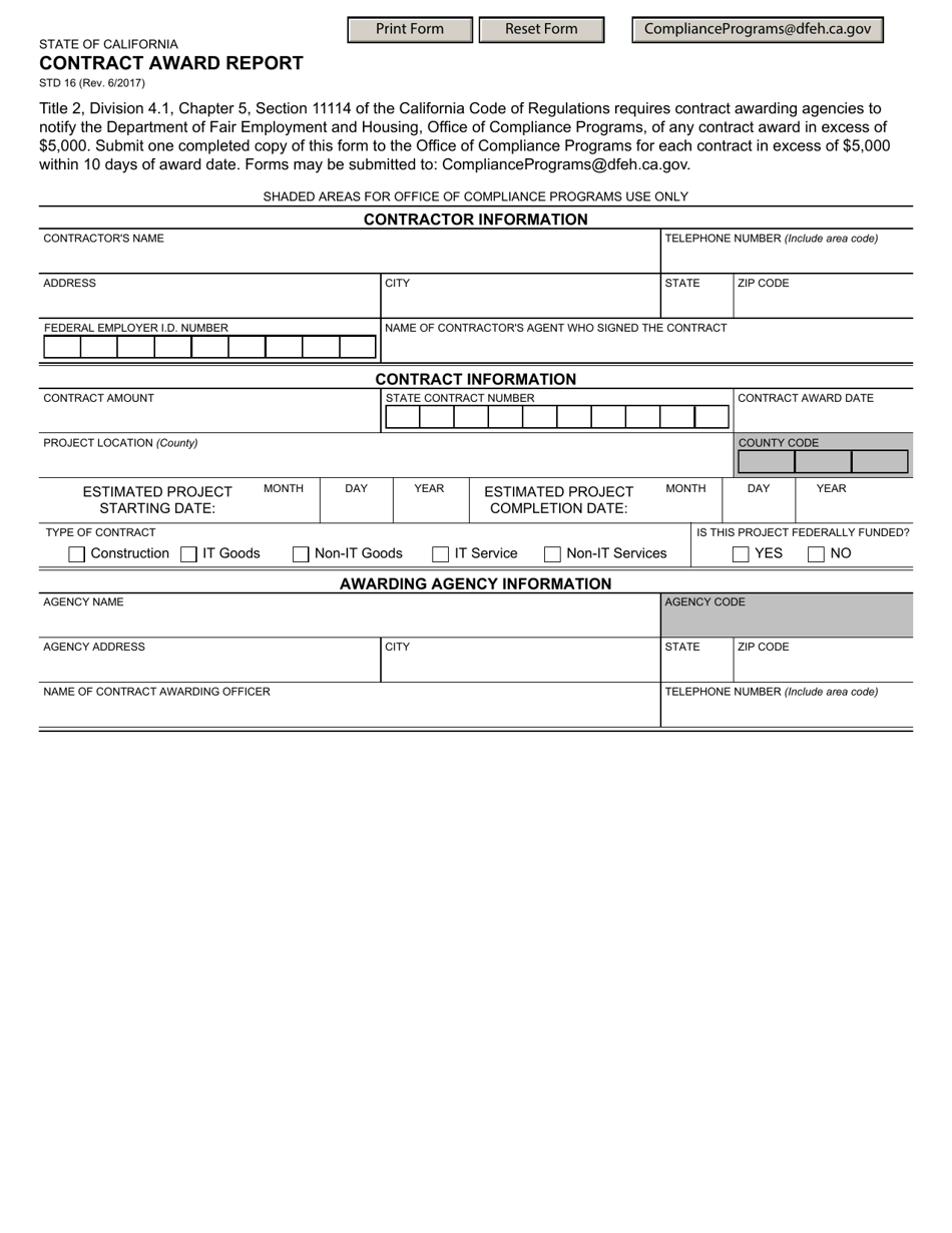 Form STD16 Contract Award Report - California, Page 1