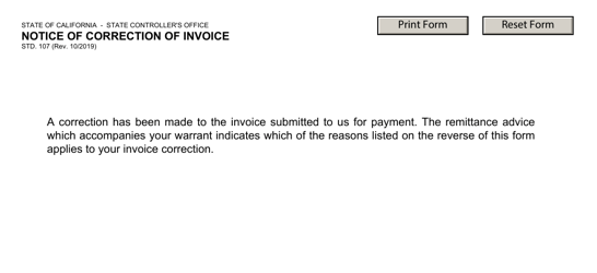 Form STD.107 &quot;Notice of Correction of Invoice&quot; - California