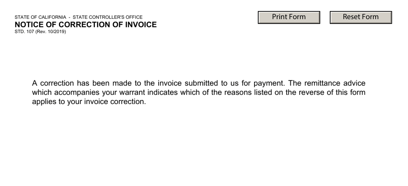 Form STD.107 Notice of Correction of Invoice - California