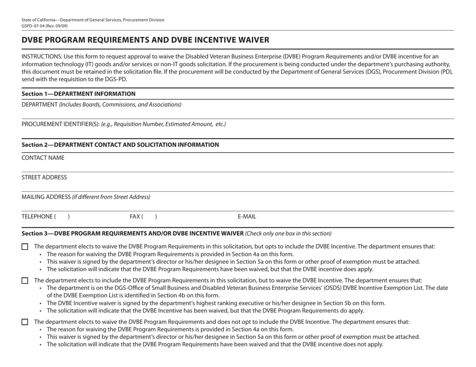 Form GSPD-07-04 Dvbe Program Requirements and Dvbe Incentive Waiver - California, Page 1