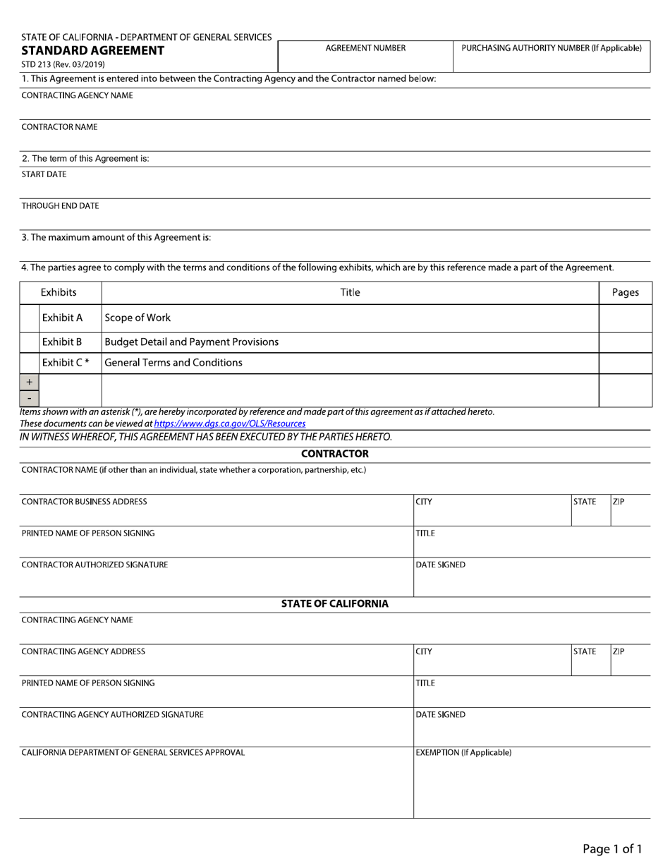 Form STD213 Standard Agreement - California, Page 1