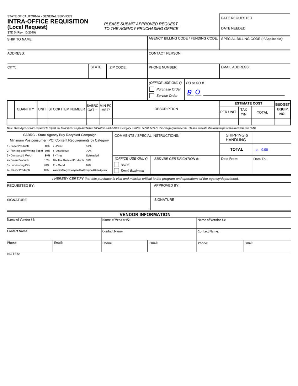 Form STD5 Intra-office Requisition (Local Request) - California, Page 1
