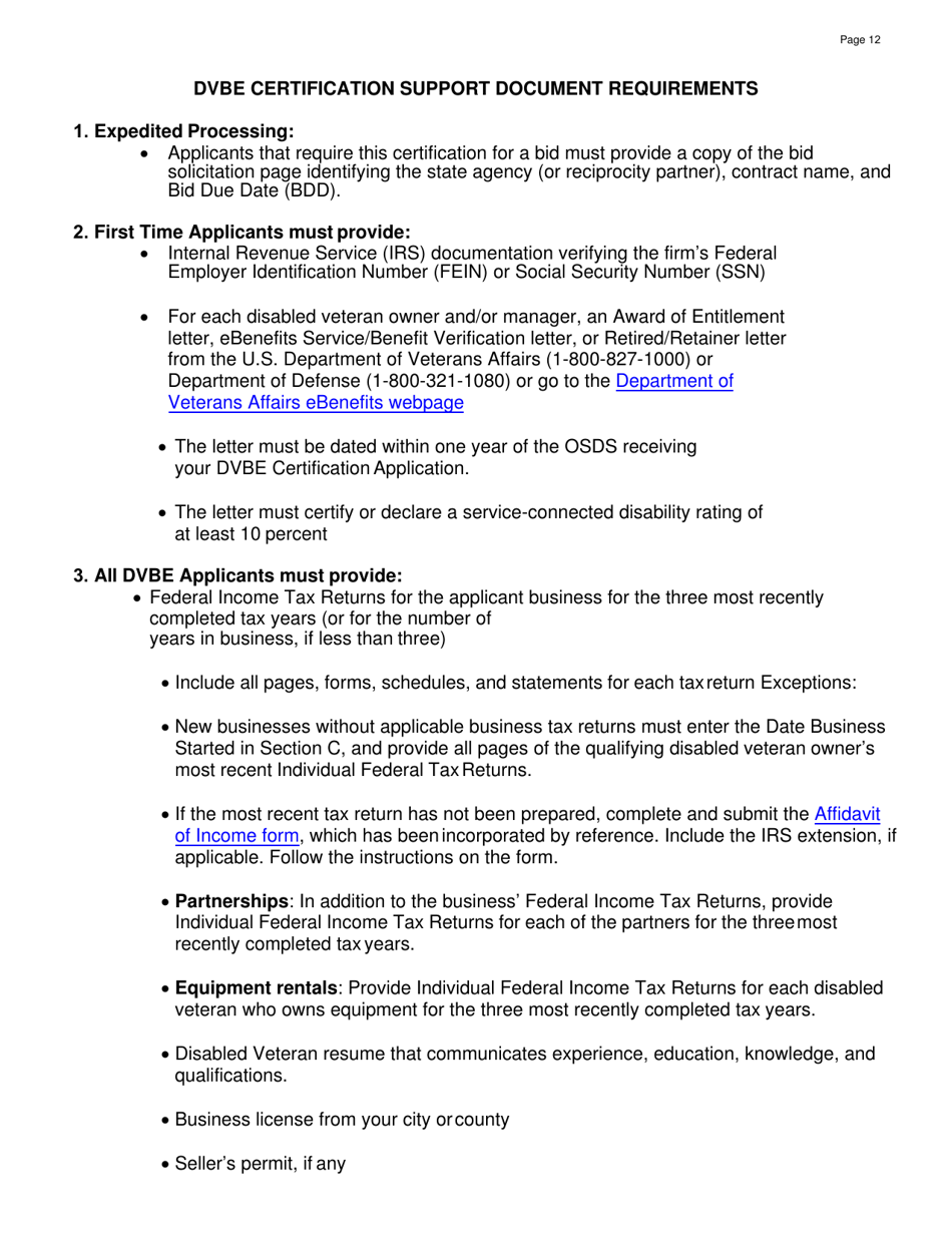 Form DGS PD812 Request for Small Business, Small Business for the Purpose of Public Works and / or Disabled Veteran Business Enterprise Certification (Application) - California, Page 12
