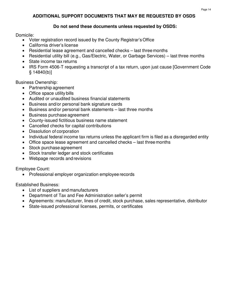Form DGS PD812 Request for Small Business, Small Business for the Purpose of Public Works and / or Disabled Veteran Business Enterprise Certification (Application) - California, Page 14