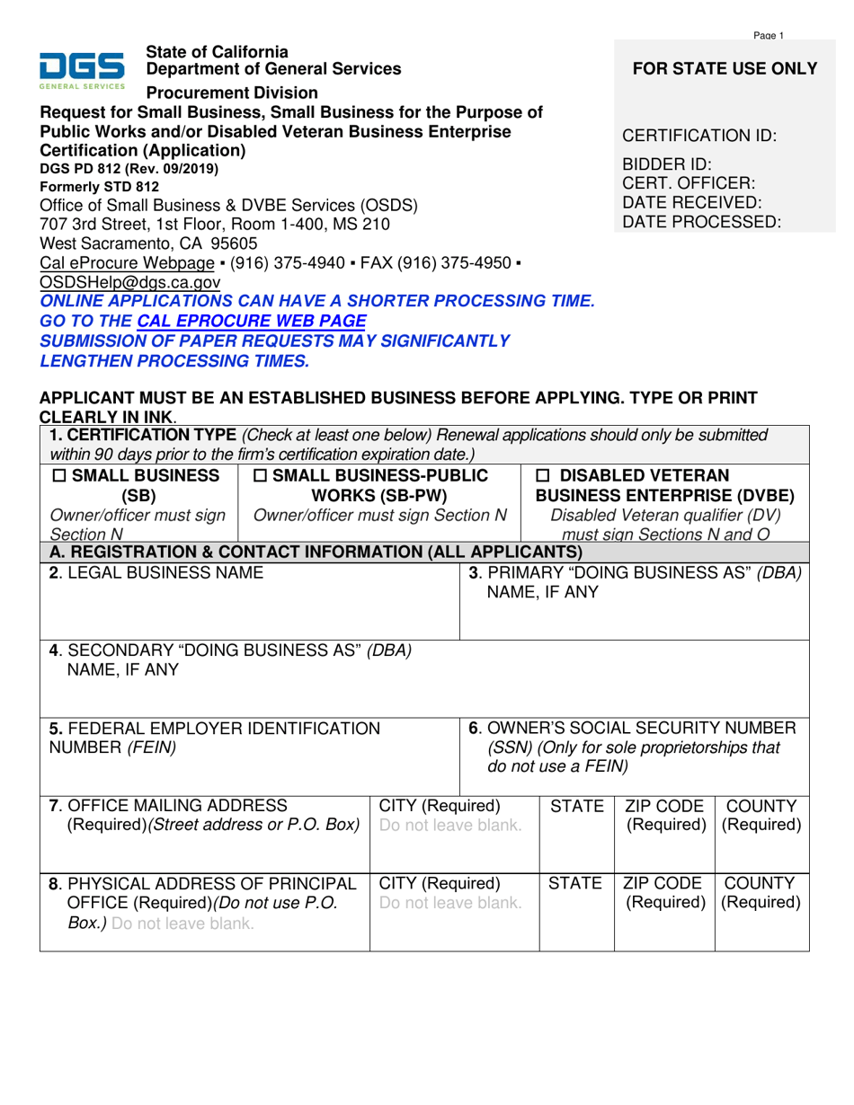 Form DGS PD812 Request for Small Business, Small Business for the Purpose of Public Works and/or Disabled Veteran Business Enterprise Certification (Application) - California, Page 1
