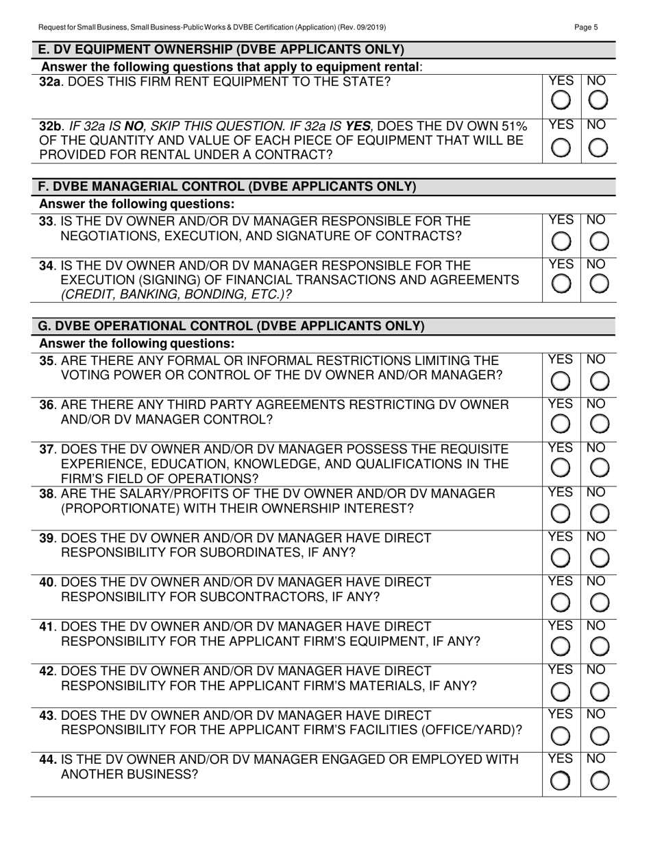Form DGS PD812 Request for Small Business, Small Business for the Purpose of Public Works and / or Disabled Veteran Business Enterprise Certification (Application) - California, Page 5
