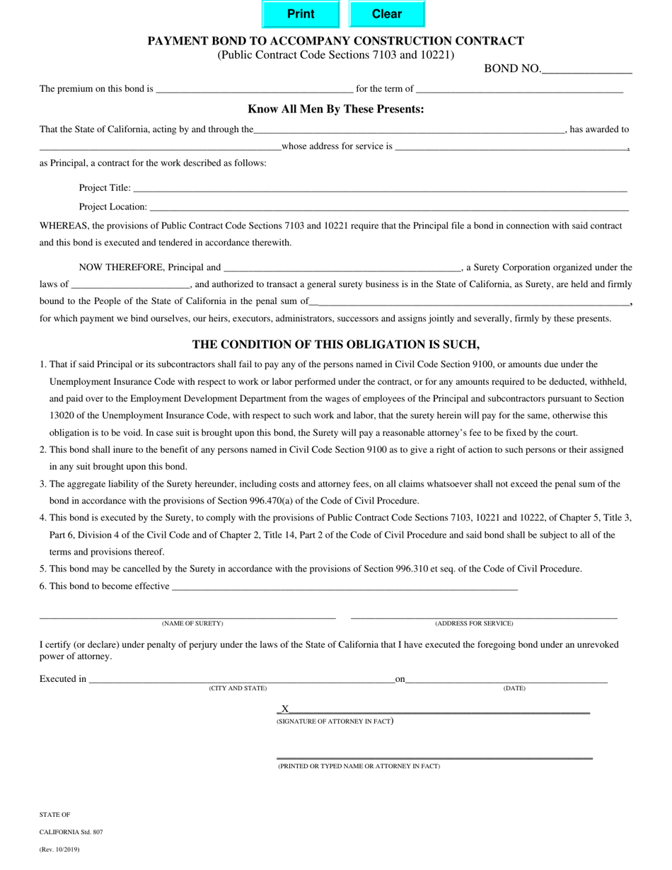 Form STD807 Payment Bond to Accompany Construction Contract - California, Page 1