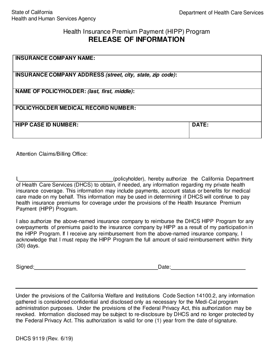 Form DHCS9119 Health Insurance Premium Payment (HIPP) Program Release of Information - California, Page 1