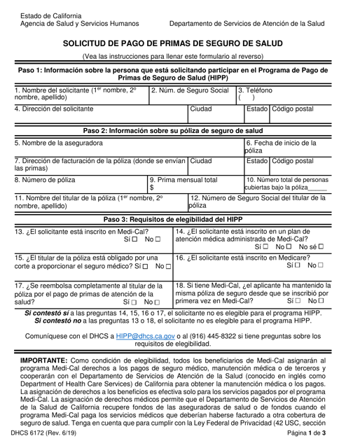 Formulario DHCS6172 Solicitud De Pago De Primas De Seguro De Salud - California (Spanish)