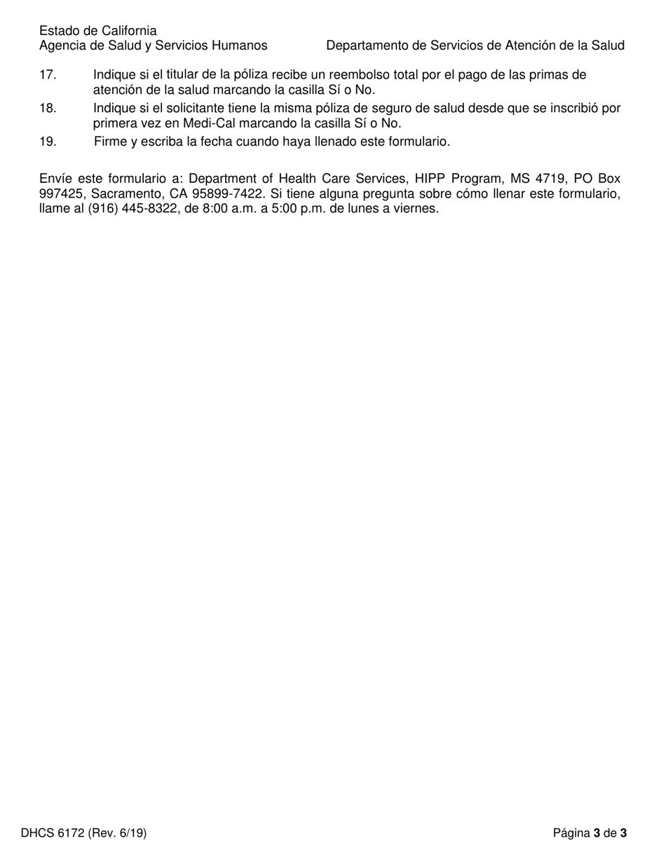 Formulario DHCS6172 Solicitud De Pago De Primas De Seguro De Salud - California (Spanish), Page 3