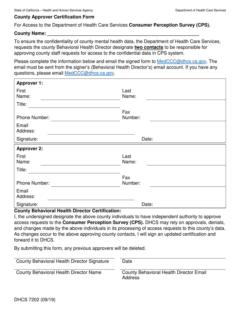 Form DHCS7202 County Approver Certification Form - California, Page 1