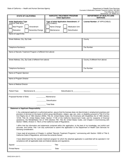 Form DHCS5014 Narcotic Treatment Program Initial Application - California