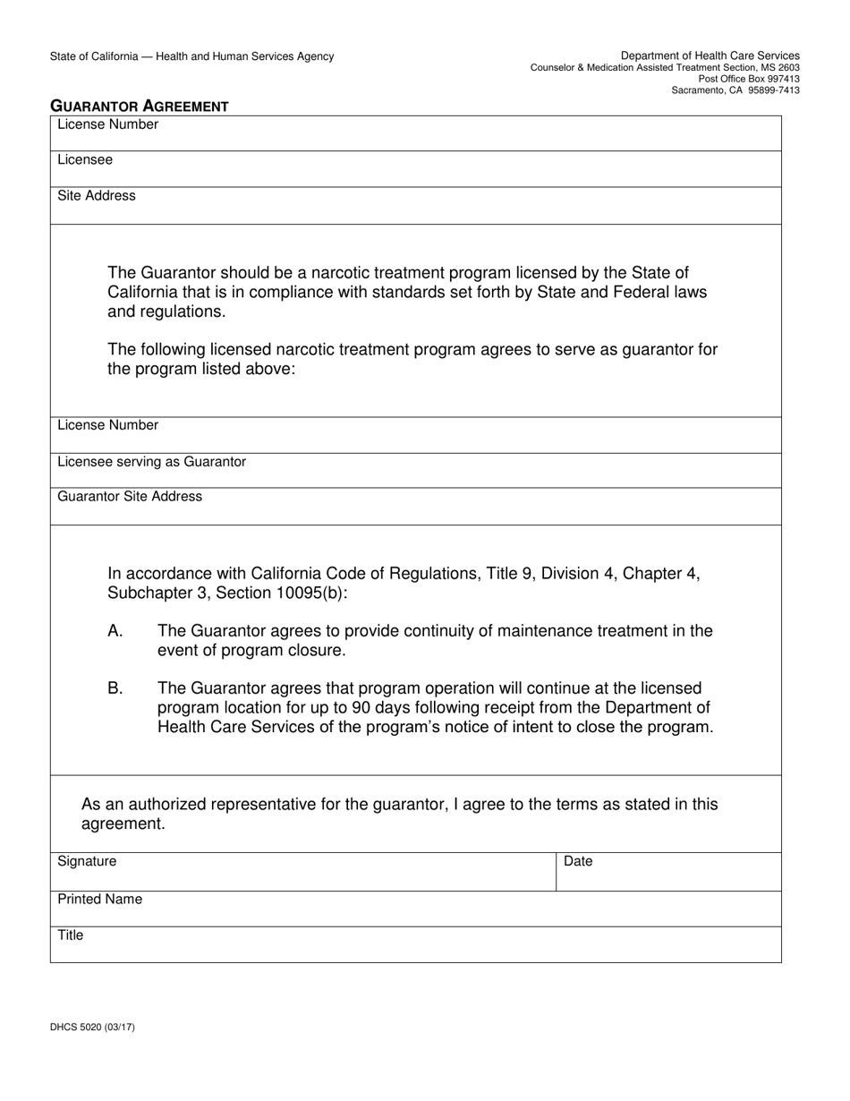 Form DHCS5020 Guarantor Agreement - California, Page 1