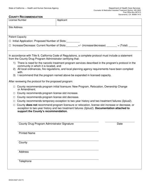 Form DHCS5027 County Recommendation - California