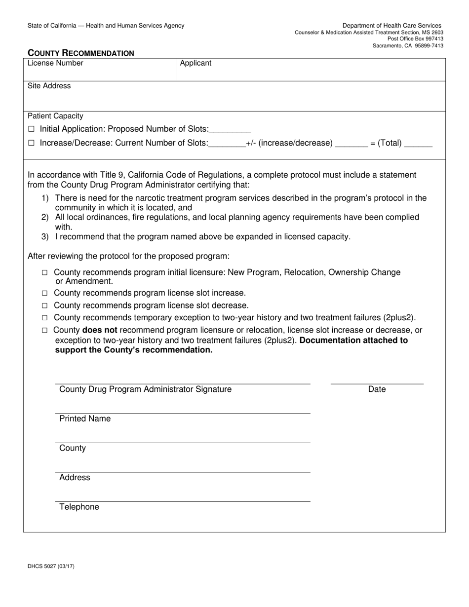 Form DHCS5027 County Recommendation - California, Page 1