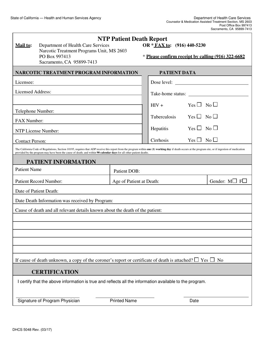 Form DHCS5048 Ntp Patient Death Report - California, Page 1
