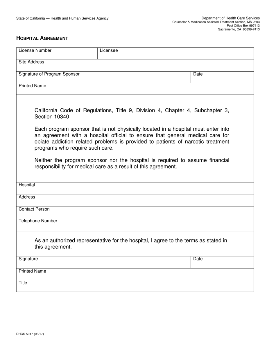 Form DHCS5017 Hospital Agreement - California, Page 1