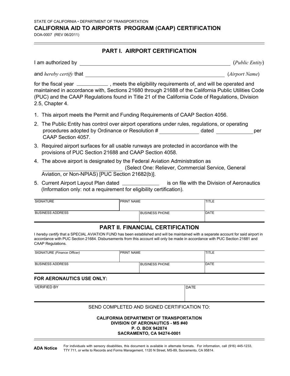 Form DOA-0007 California Aid to Airports Program (Caap) Certification - California, Page 1