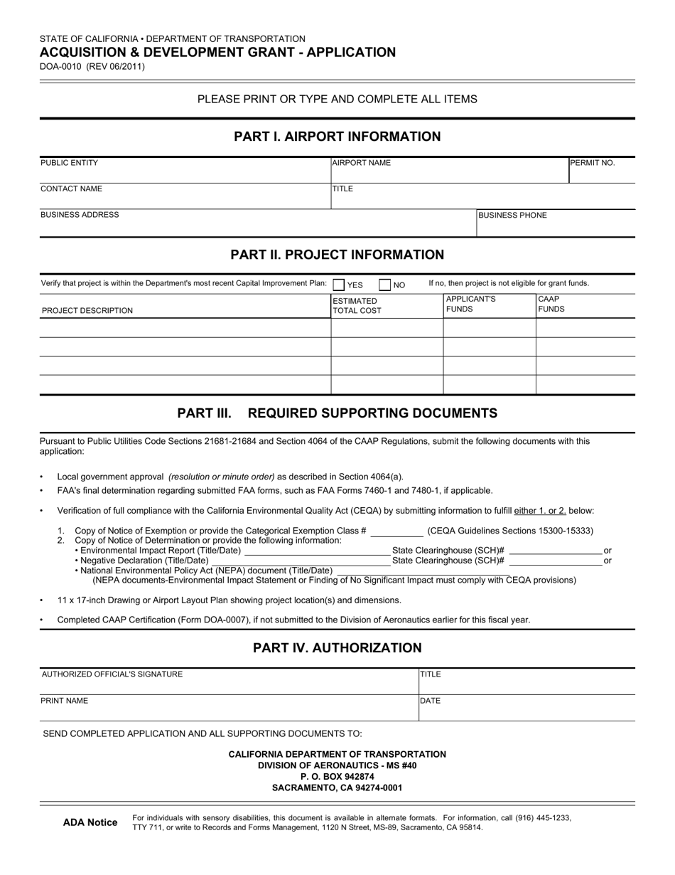 Form DOA-0010 Acquisition and Development Grant Application - California, Page 1