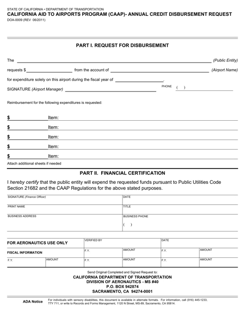 Form DOA-0009  Printable Pdf