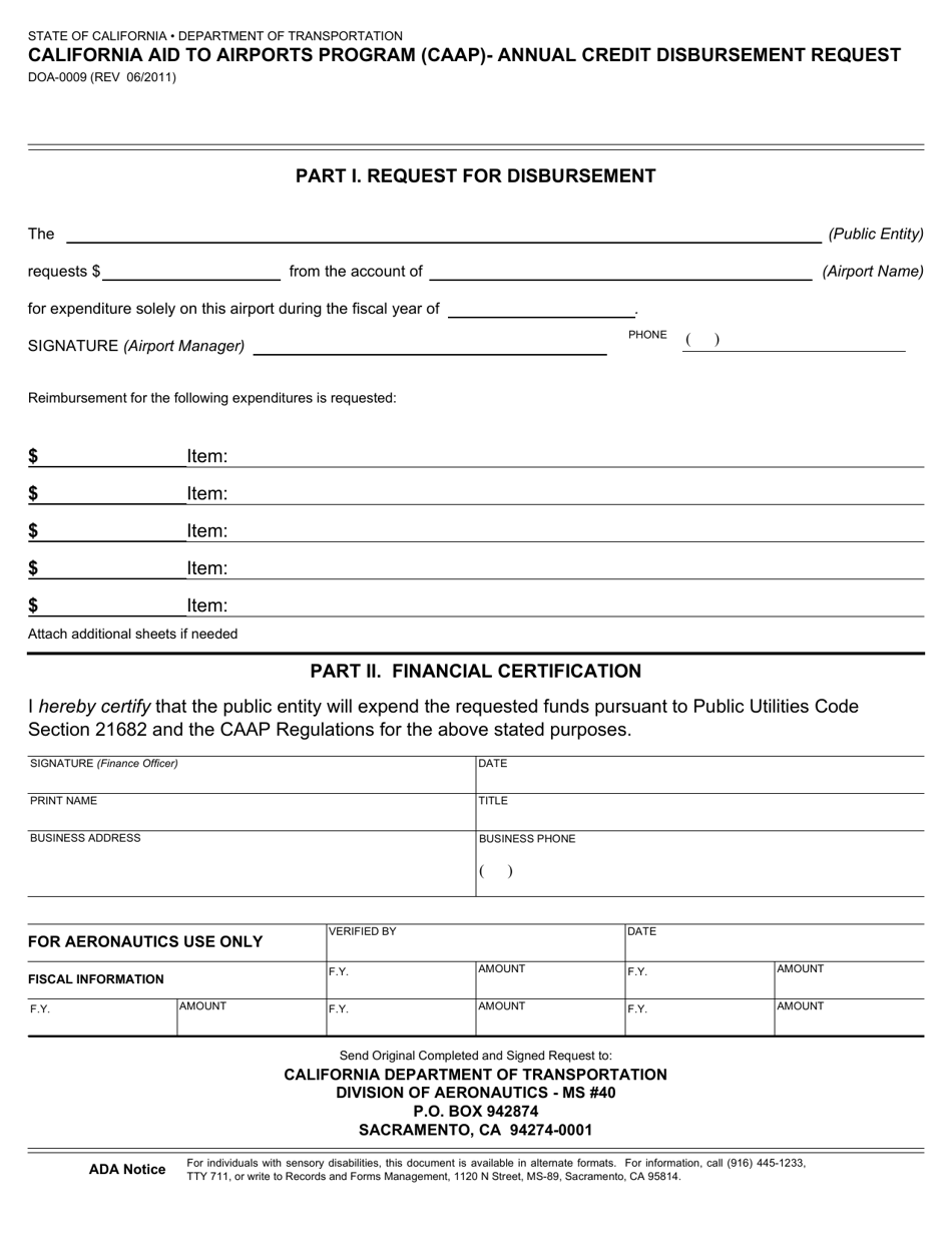 Form DOA-0009 California Aid to Airports Program Annual Funds Request - California, Page 1