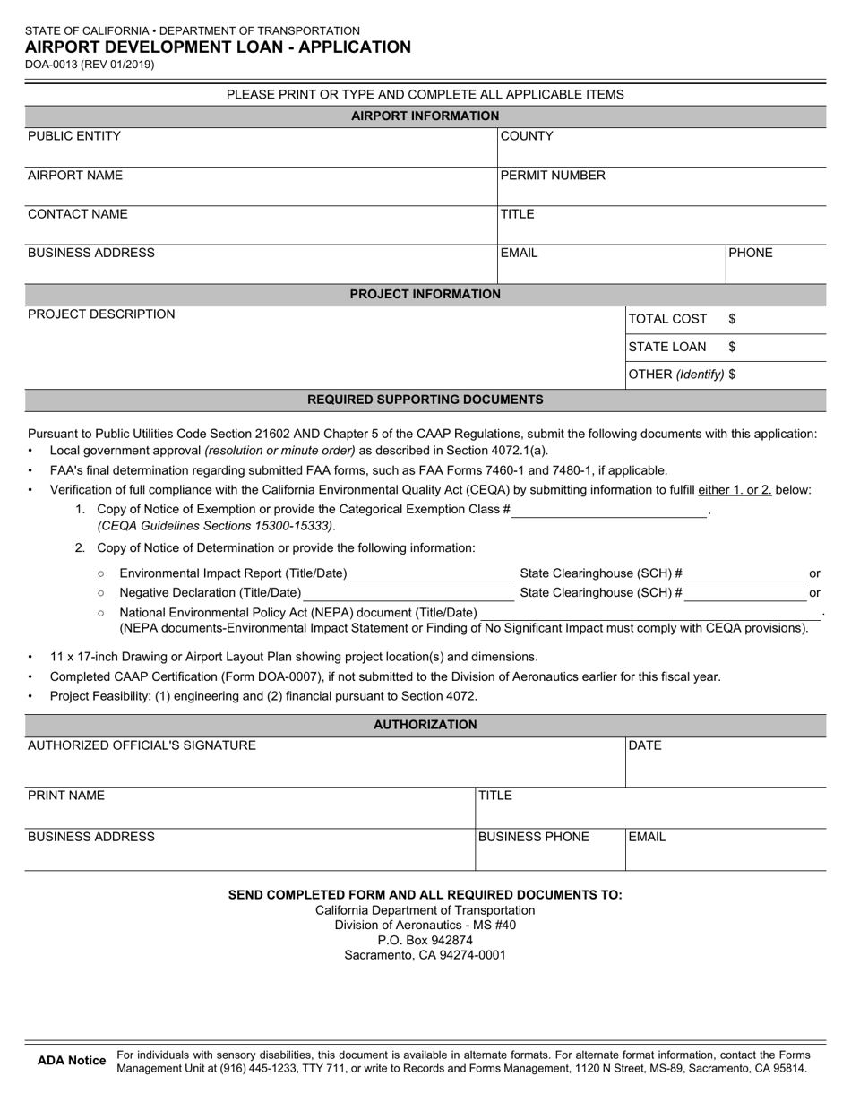 Form DOA-0013 Airport Development Loan  Application - California, Page 1