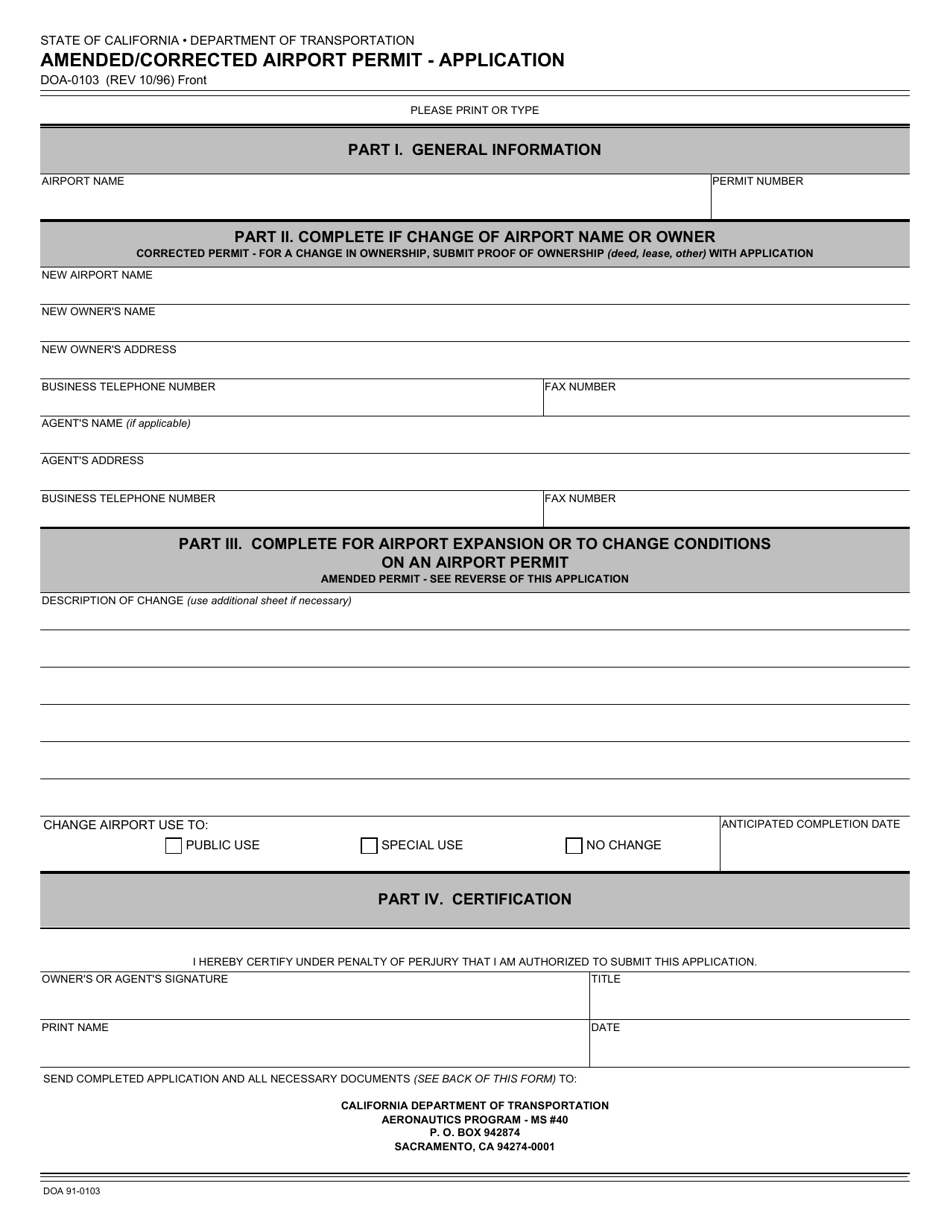 Form DOA-0103 Amended / Corrected Airport Permit - Application - California, Page 1