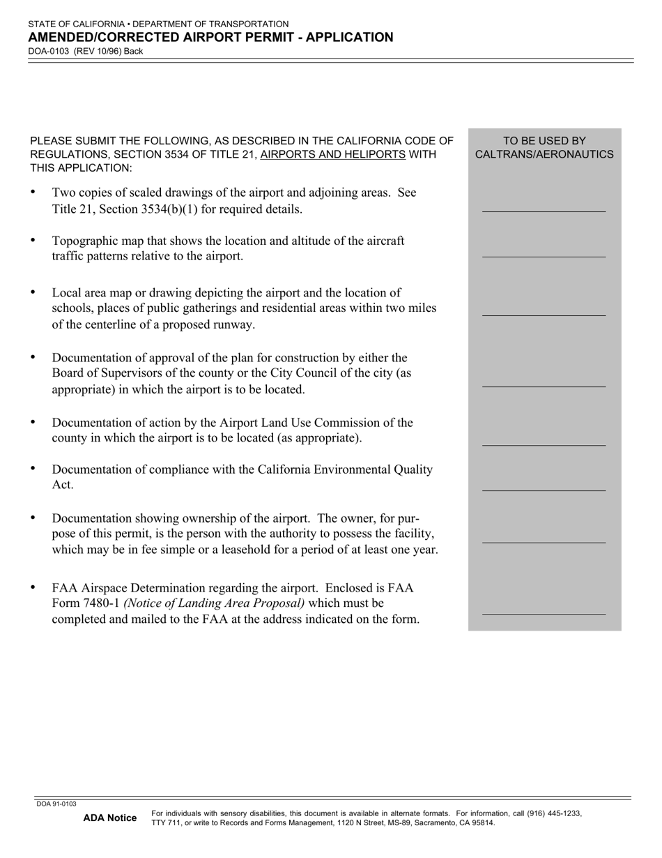 Form DOA-0103 Amended / Corrected Airport Permit - Application - California, Page 2