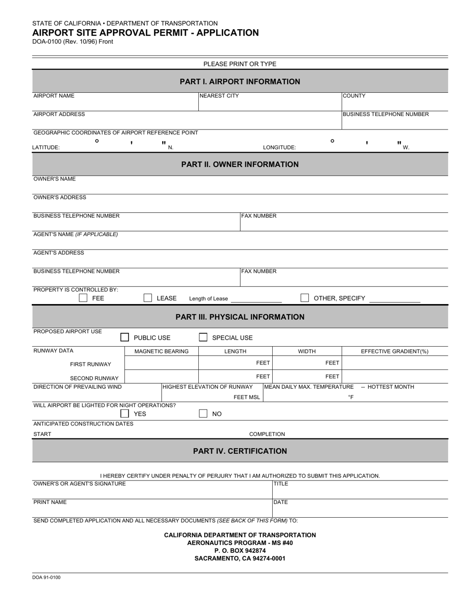 Form DOA-0100 Airport Site Approval Permit - Application - California, Page 1