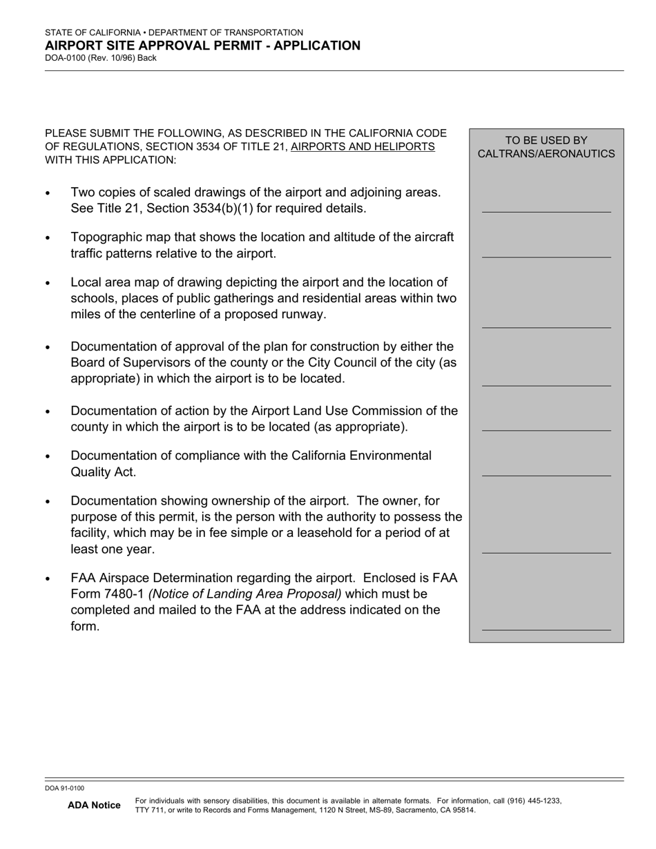 Form DOA-0100 Airport Site Approval Permit - Application - California, Page 2