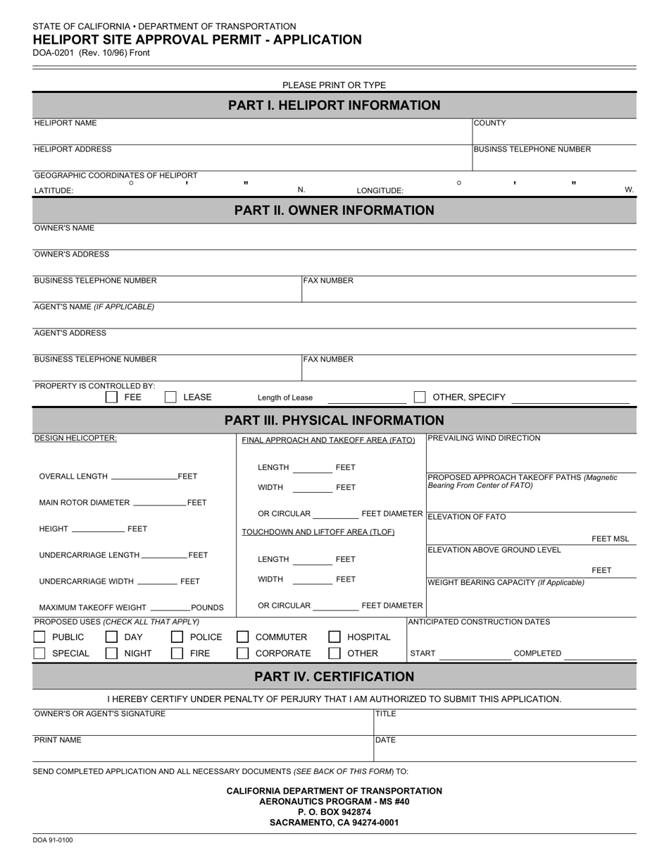 Form DOA-0201 Heliporter Site Approval Permit - Application - California, Page 1